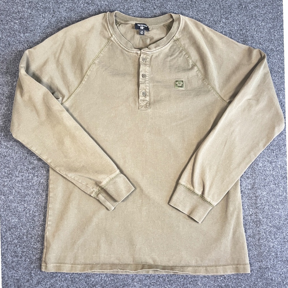 True Religion Mens Long Sleeve Henley Shirt Olive Green Raglan Cotton Large
